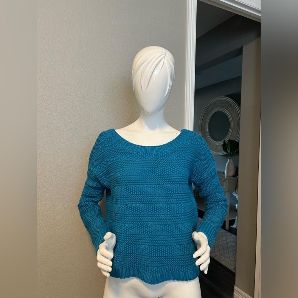 Ann Taylor LOFT Cotton Stitch Stripe Sweater Pullover Teal size M